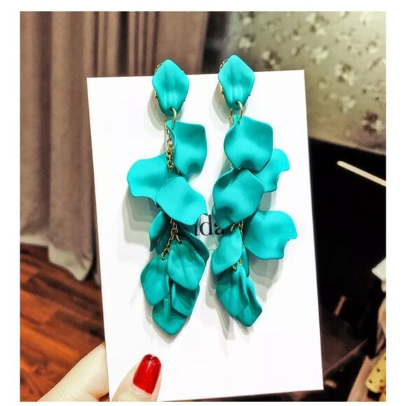 Turquoise acrylic earrings , blue petal earrings , rose petal earrings - Picture 1 of 9